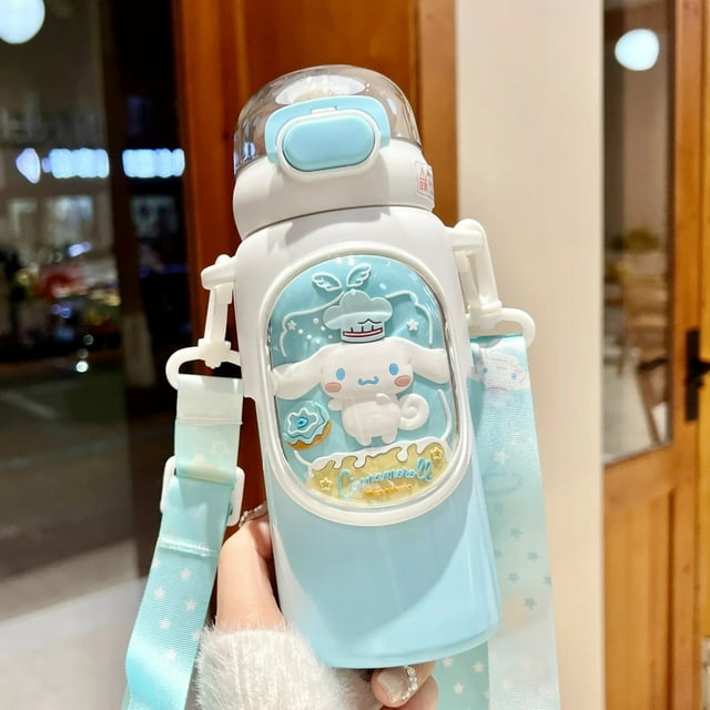 Tetera de paja para niña, bandolera de acero inoxidable Kawaii, 500ml, Sanrio Kuromi, botella termo para niños, taza de agua para estudiantes de escuela primaria,C