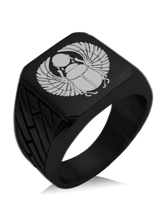 Stainless Steel Scarab Beetle Rising Sun Geometric Pattern Biker Style Polished Ring