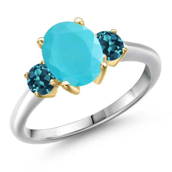 Gem Stone King 10K Two Tone Gold Green Turquoise and London Blue Topaz Engagement Ring for Women | 2.16 Cttw | Oval 9X7MM | Gemstone Birthstone | Size 8