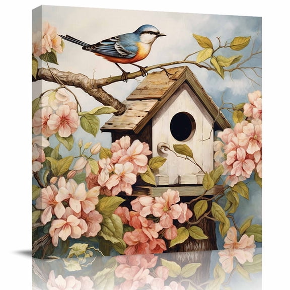 Wall Art Prints, Retro Birdhouse Framed Canvas Prints for Bedroom Living Room Bathroom Office, Pink Spring Floral Birds Vintage Gallery Wrap Wall Art Poster for Gifts Home Decor 12"x12"