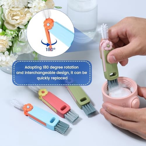 3 in 1 Cup Lid Cleaning Brush, 180° Rotatable Bottle Brush Gap Cleaner, Multifunctional Crevice Cleaning Brush Set for Baby Bottle, Water Bottle, Tumbler & Kitchen Mugs, 6 Pack Hangable