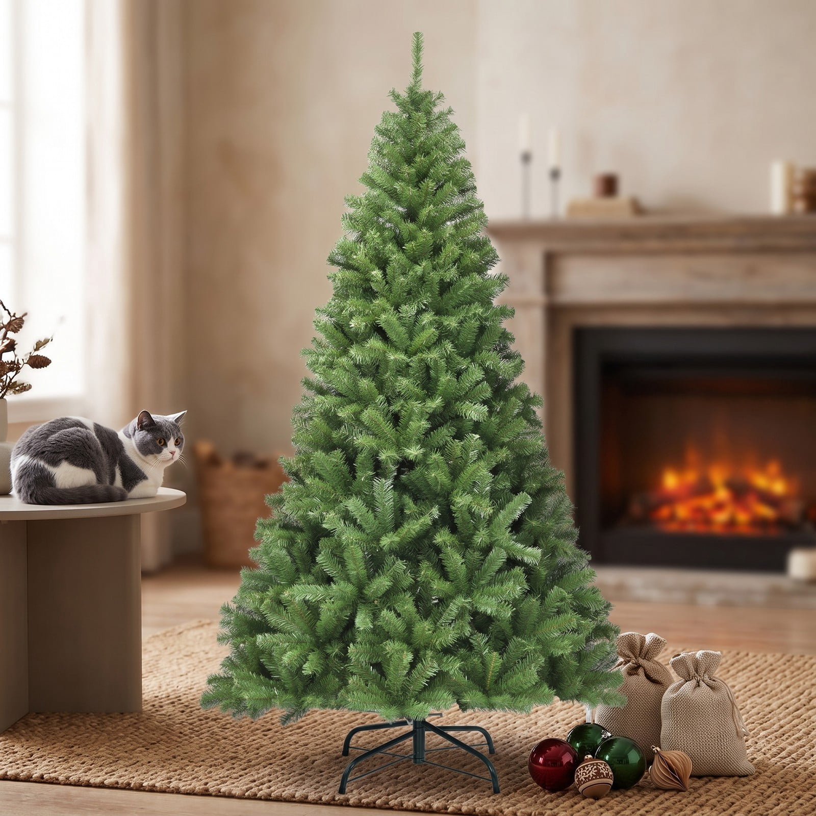 RUIE 6 ft Artificial Christmas Tree Premium Hinged PVC Xmas Pine Tree with 1000 Branch Tips and Sturdy Metal Stand for Indoor Holiday Decoration, Green