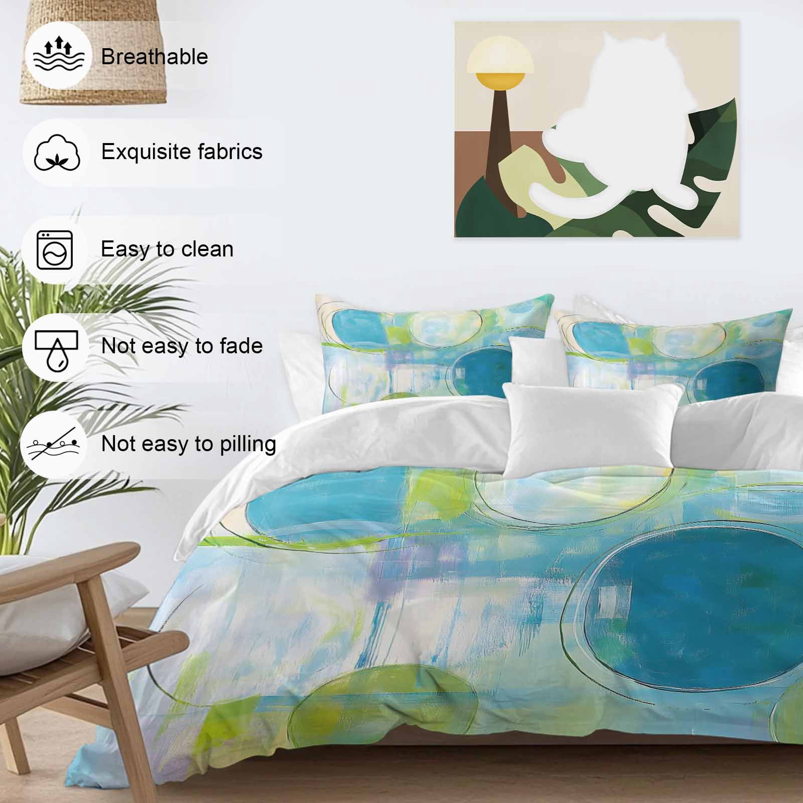 Queen 4 Piece Bedding Set Blue Gradient Color Block Soft Breathable Duvet Cover and Pillowcase, Watercolor Painting Graffiti Art Duvet Cover Set Bed Sheets for Bedroom Dormitory Guest Room