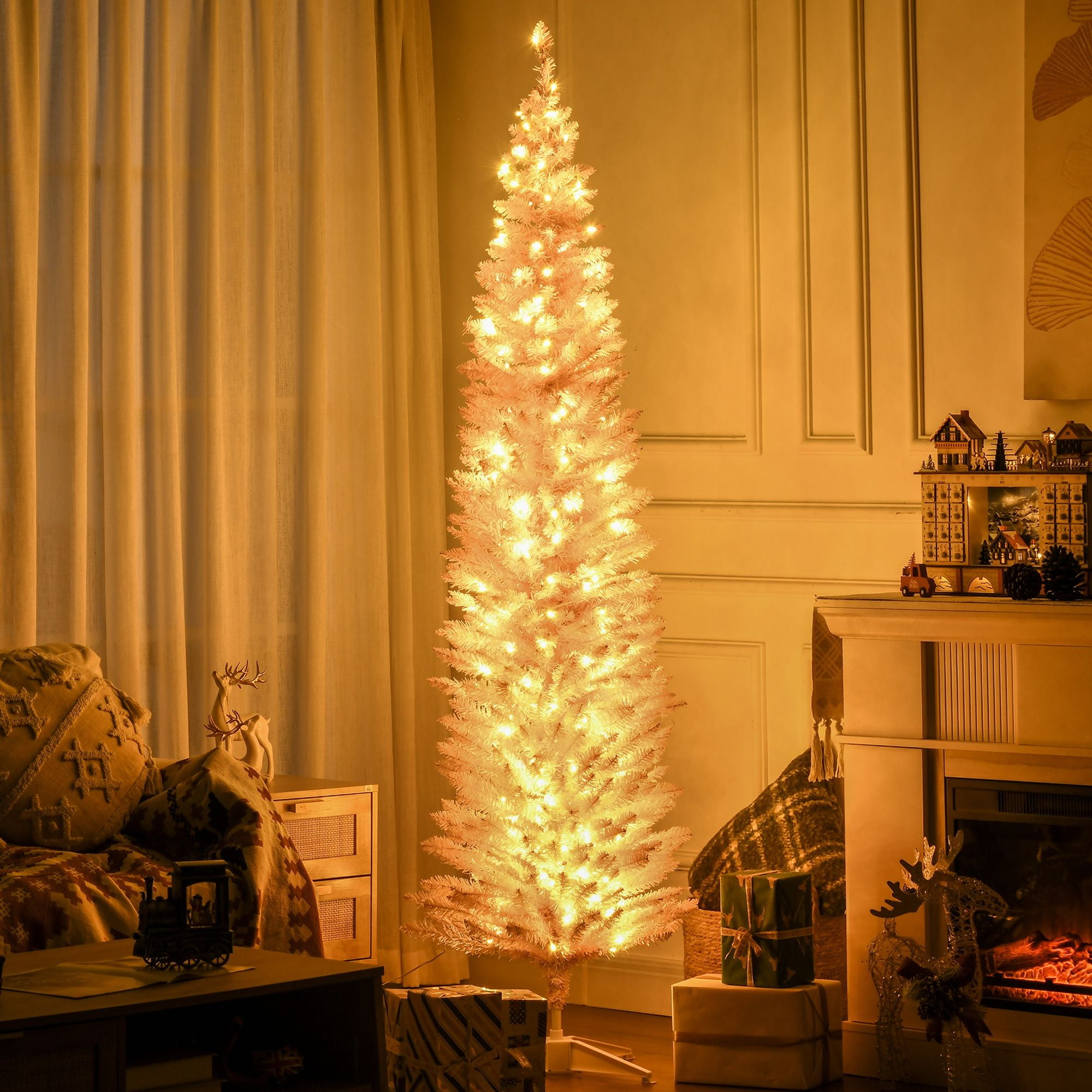 7 ft Pencil Christmas Tree, Slim Artificial Christmas Tree with Warm White LED Lights, 499 Tips, 200 Lights, Indoor Holiday Decor for Small Spaces