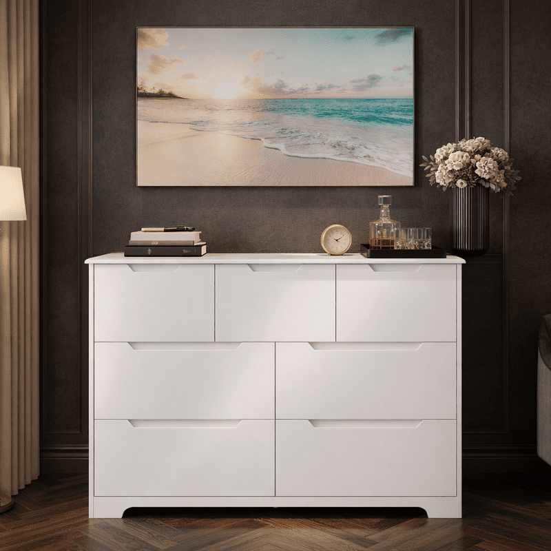 7-Drawer Dresser, 48" Handle-Free Modern Storage Chest - Engineered Wood Dresser for Bedroom, Living Room, Nursery & Entryway, White