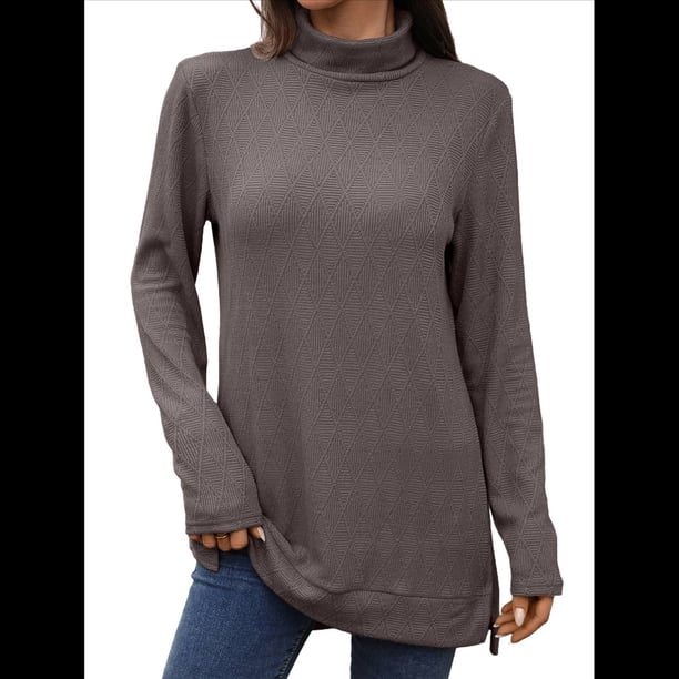 Camiseta Holgada de Larga con Cuello Alto y Estampado Geométrico de Jacquard para Mujer, Otoño e Invierno. Color Café XL