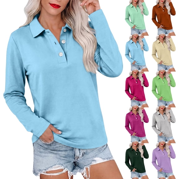 Hearthz Womens Polo Shirt 3 Button Women's Long Sleeve Shirts Relaxed Fit Solid Color T Shirts for Women Uniform Tops for Women Khaki XL