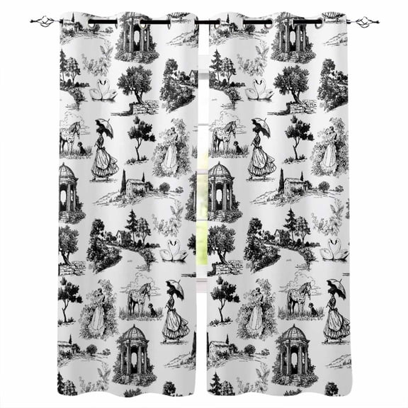 Farmhouse Country Blackout Curtains for Bedroom/Living Room, Thermal Insulated Kitchen Curtains, Retro French Garden Horse Swan Grommet Darkening Window Treatment Drapes 52"x72"x2
