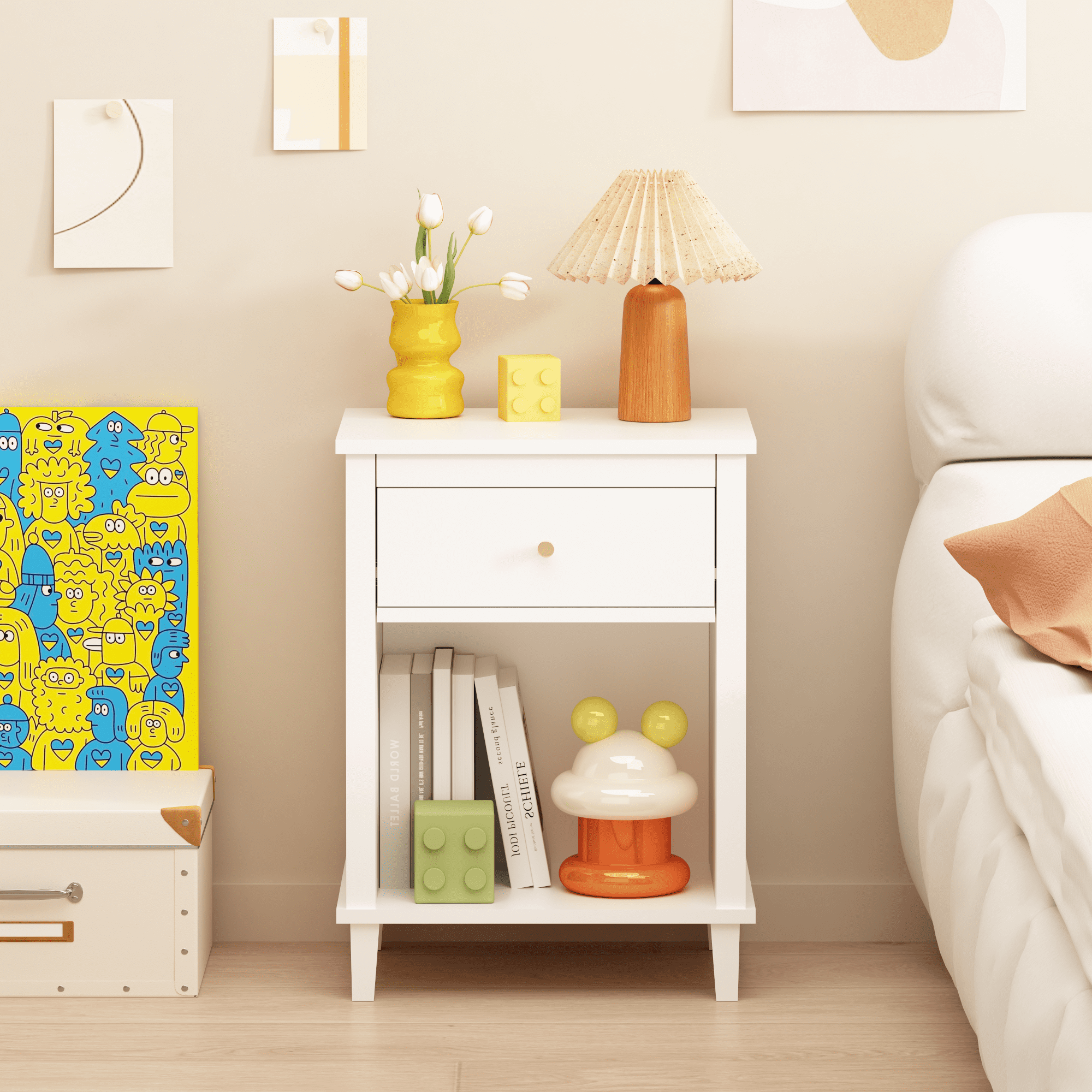 26.77" H White Wooden Nightstand with Drawer & Open Shelf, Golden Handle, Bedside Table for Kids & Adults, Anti-Tip Safety
