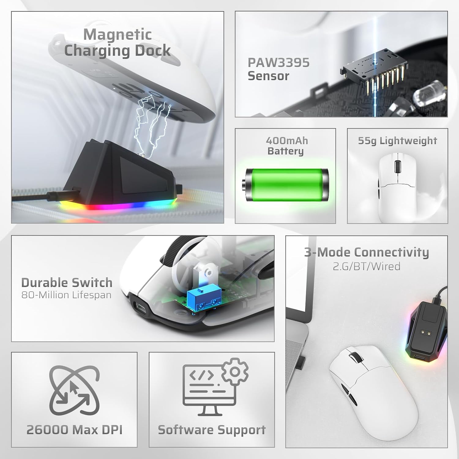 LTC GM022 Ultralight 3-Mode Wireless Gaming Mouse with RGB Charging Dock, PAW3395 26K DPI Sensor, 55G Lightweight Ergonomic Bluetooth Gaming Mouse, 5 Programmable Buttons, 80 Million Click Switch