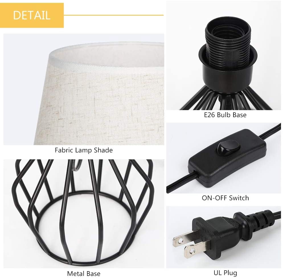 Farmhouse Lamp, Mid Century Modern Table Lamp Black Metal Hollow Out Base, Small Nightstand Lamp with Fabric Lampshade for Bedside Table, Bedroom, Living Room, office