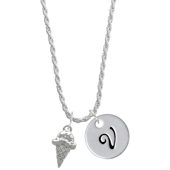Delight Jewelry Silvertone Ice Cream Cone Silvertone Script Initial Disc - V - Charm Necklace, 20"+3"