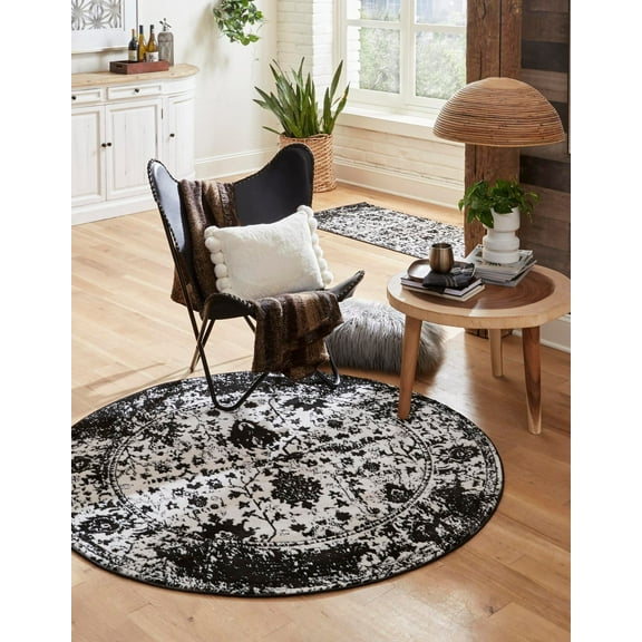 Unique Loom Portland Collection Area Rug - Central (3' 1" Round Black and White/Black)