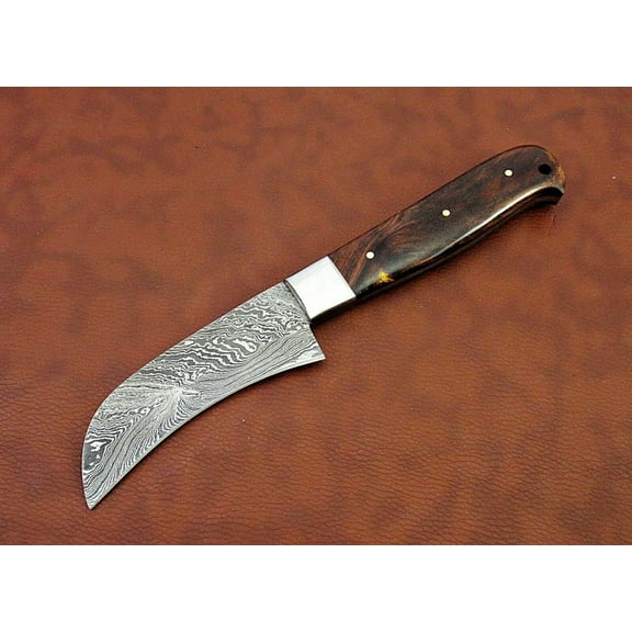 9.5" long Damascus steel blade peeler knife, Brown & Beige wood scale, (Brown)