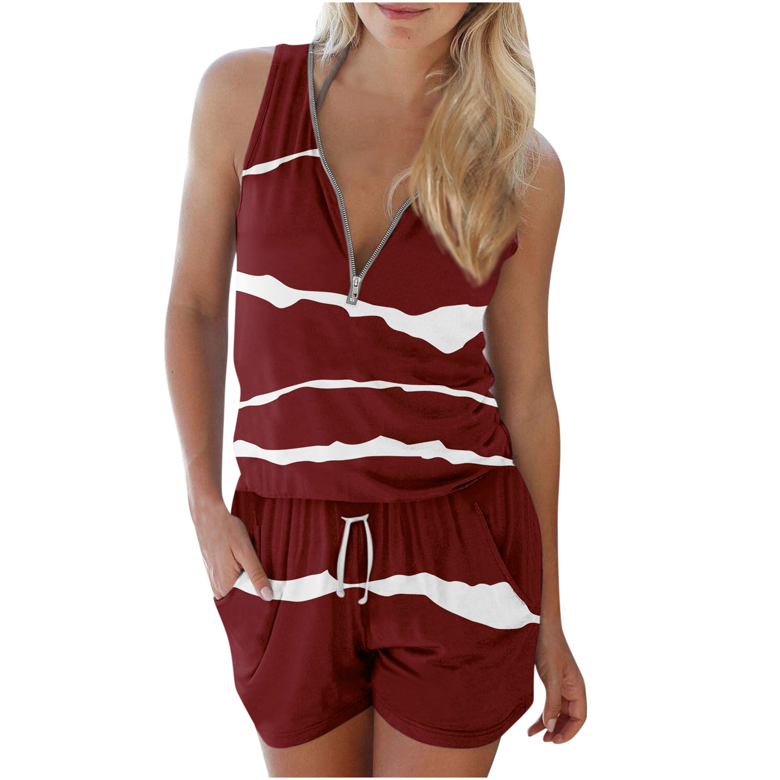 Overalls for Women Half Zip Up Sleeveless Shorts Rompers Casual Elastic