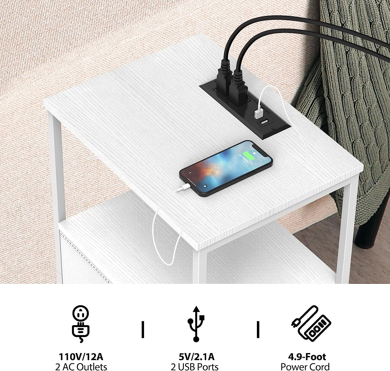 White Nightstand with 2 Fabric Drawers End Table with Charging Station