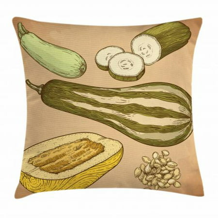 Vegetable Art Throw Pillow Cushion Cover, Retro Recipe Squash Zucchini Slices Best Chef Cuisine of the Day Illustration, Decorative Square Accent Pillow Case, 18 X 18 Inches, Multicolor, by (Best Way To Grow Squash And Zucchini)