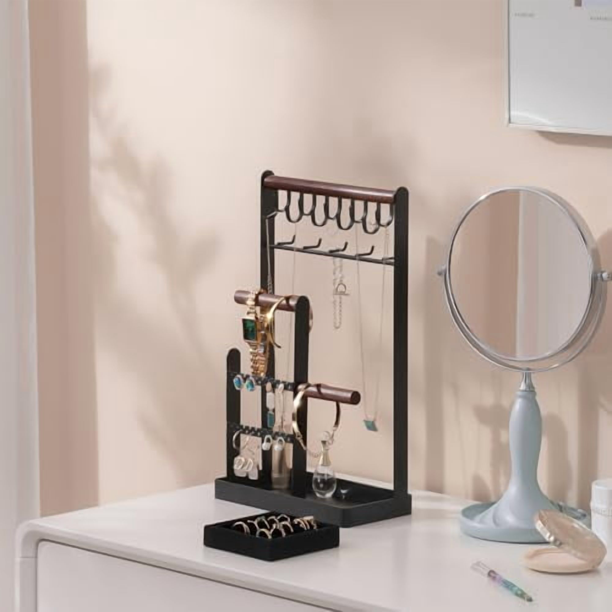 Jewelry Organizer Jewelry Stand Jewelry Holder Organizer, 5-Tier Necklace Organizer with Ring Tray, Large Aesthetic Jewelry Tower Storage Rack Tree for Bracelets Earrings Rings -Large, Black