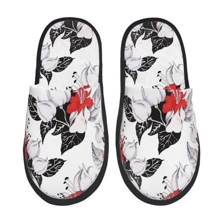 

Slippers for Women Men red white flowers black Warm Womens Mens House Shoes Bedroom Slippers Fuzzy Memory Foam Slippers Winter House Indoor Shoes Aesthetic Dorm Slippers