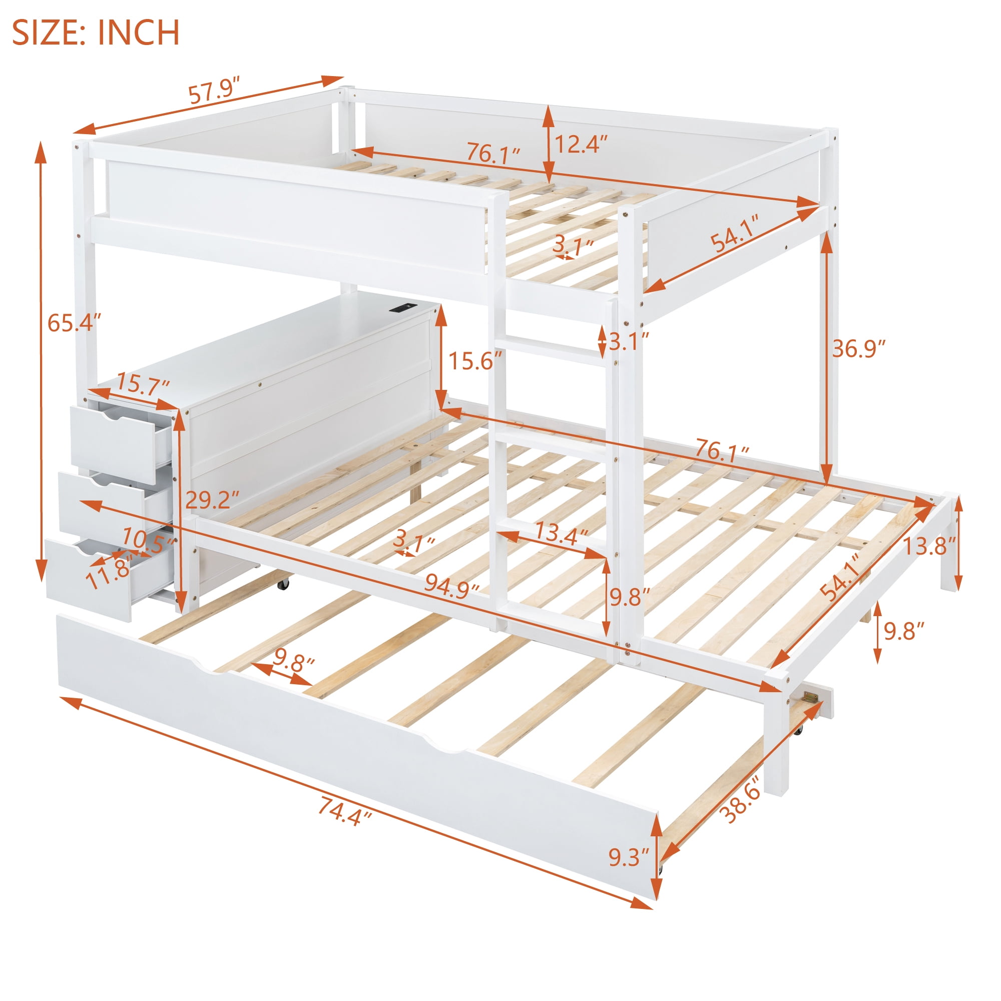 Aukfa Full Over Full Bunk Bed with Trundle and USB Charging Station, Wood Bed Frame with Build-in Desk&Storage Drawers for Kids Bedroom, White