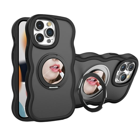 ELEHOLD for iPhone 14 Pro Max Case, Cute Curly Wavy Shape Magnetic Small Mirror Ring Stand Women Girls Shockproof Protection Case with Strap for iPhone 14 Pro Max,Black