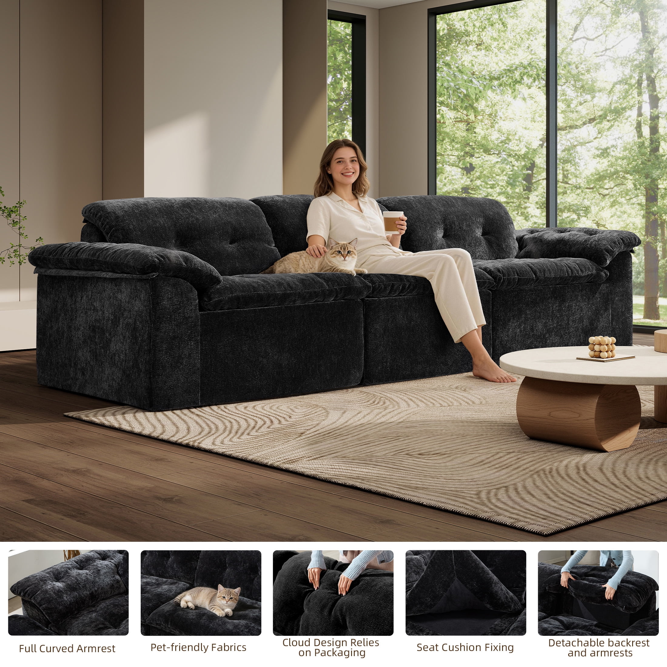 Aukfa 3-Piece Cloud Modular Sectional Sofa for Living Room, Ice Flower Chenille, Black