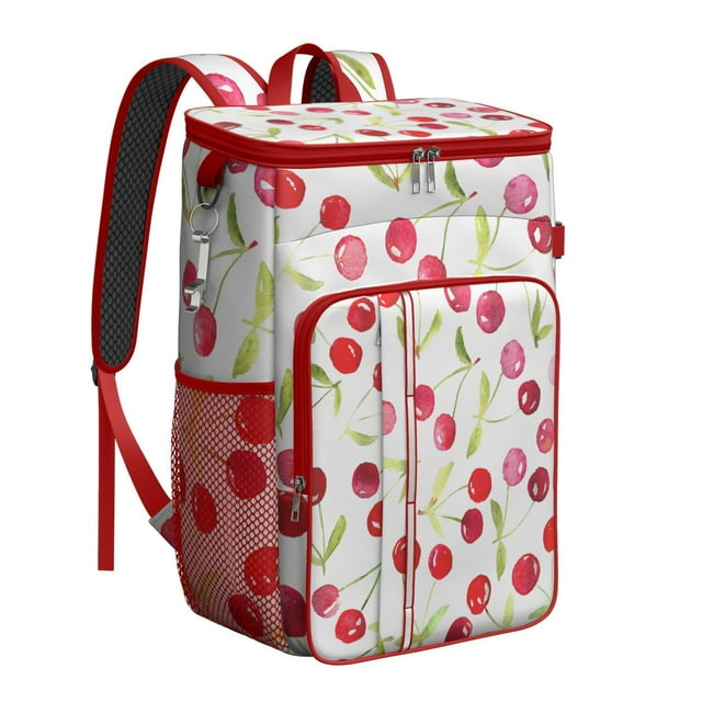 Sac à Dos Glacière à Imprimé de Cerises, Motif de Fruits Rouges Sucrés, Sac à Lunch Isolé et Étanche pour l'Été et le Pique-Nique