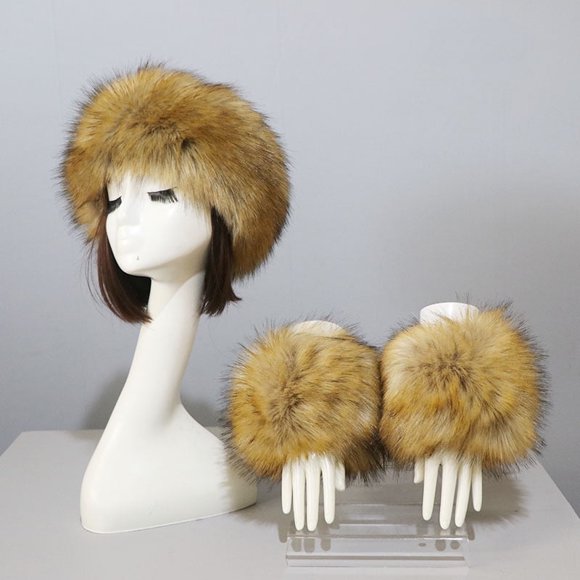 3pcs/Set Women Winter Faux Fox Fur Headband Hats Cuffs Luxury Warm Female Wrist Sleeve Gloves Faux Fur Cap Russian Style Outdoor (22)