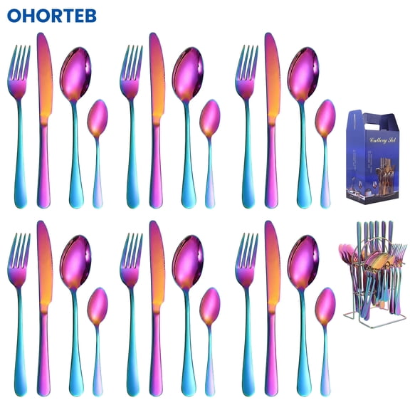 Rainbow 24PC Stainless Steel Flatware Set for 6, Food Grade Silverware Cutlery Mirror Polished Dishwasher Safe