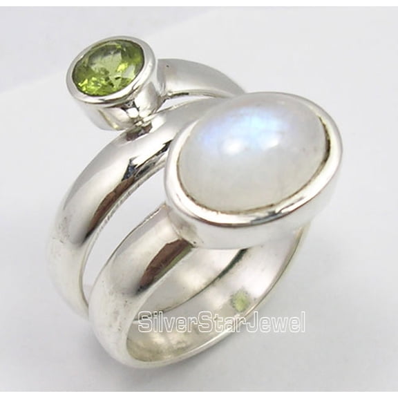 925 Sterling Silver Rainbow Moonstone Peridot 2 Gemset Adjustable Ring Size 5
