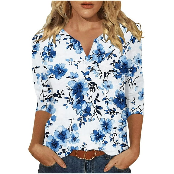 SHE IS Womens 3/4 Sleeve Tops, Long Sleeve Shirts for Women Black Dress Womens Fall Tops Plus Size Plus Size Blouses for Women Blue Basic Tees for Women Long Sleeve