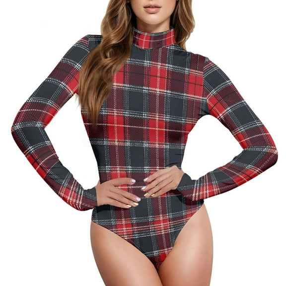 joogoo Red Checkered Grid Women's Mock Turtle Neck Long Sleeve Bodysuit L