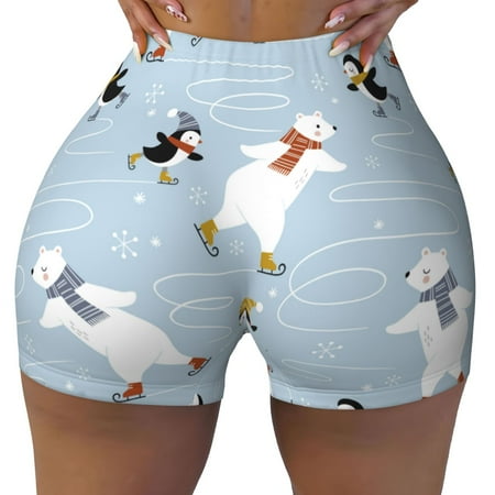 Workout Shorts Women  Skiing penguin Bear Biker Shorts for Women Running Gym Spandex Shorts Tummy Control