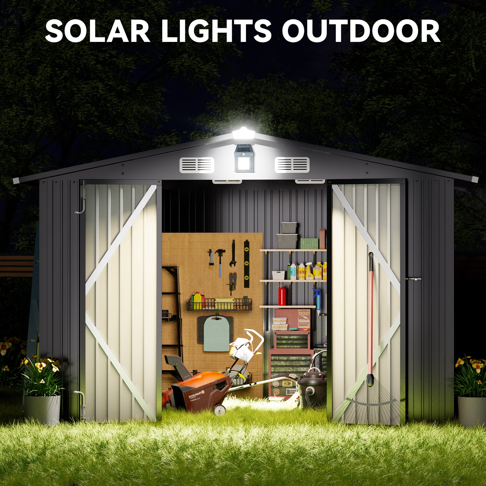 COMHOMA Outdoor Storage Shed with Base 10 x 8 FT Shed with Lockable Door Steel Garden Shed with Air Vent,Gray