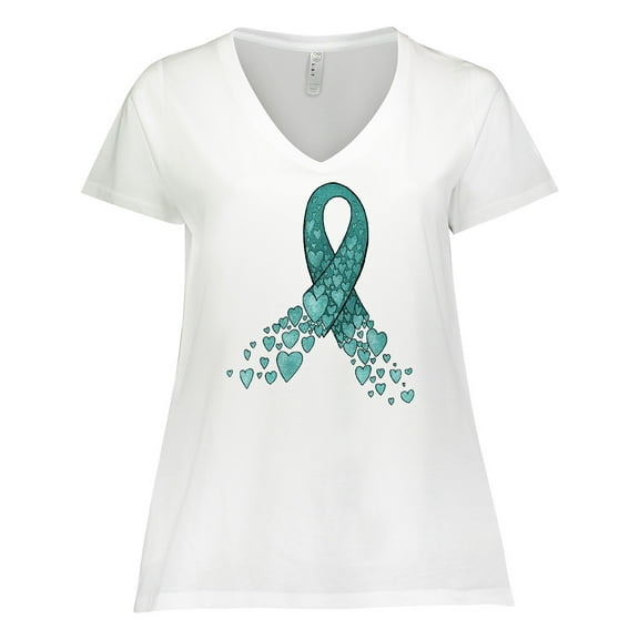 Inktastic Ovarian Cancer Awareness Teal Ribbon Made of Hearts Women's Plus Size V-Neck T-Shirt