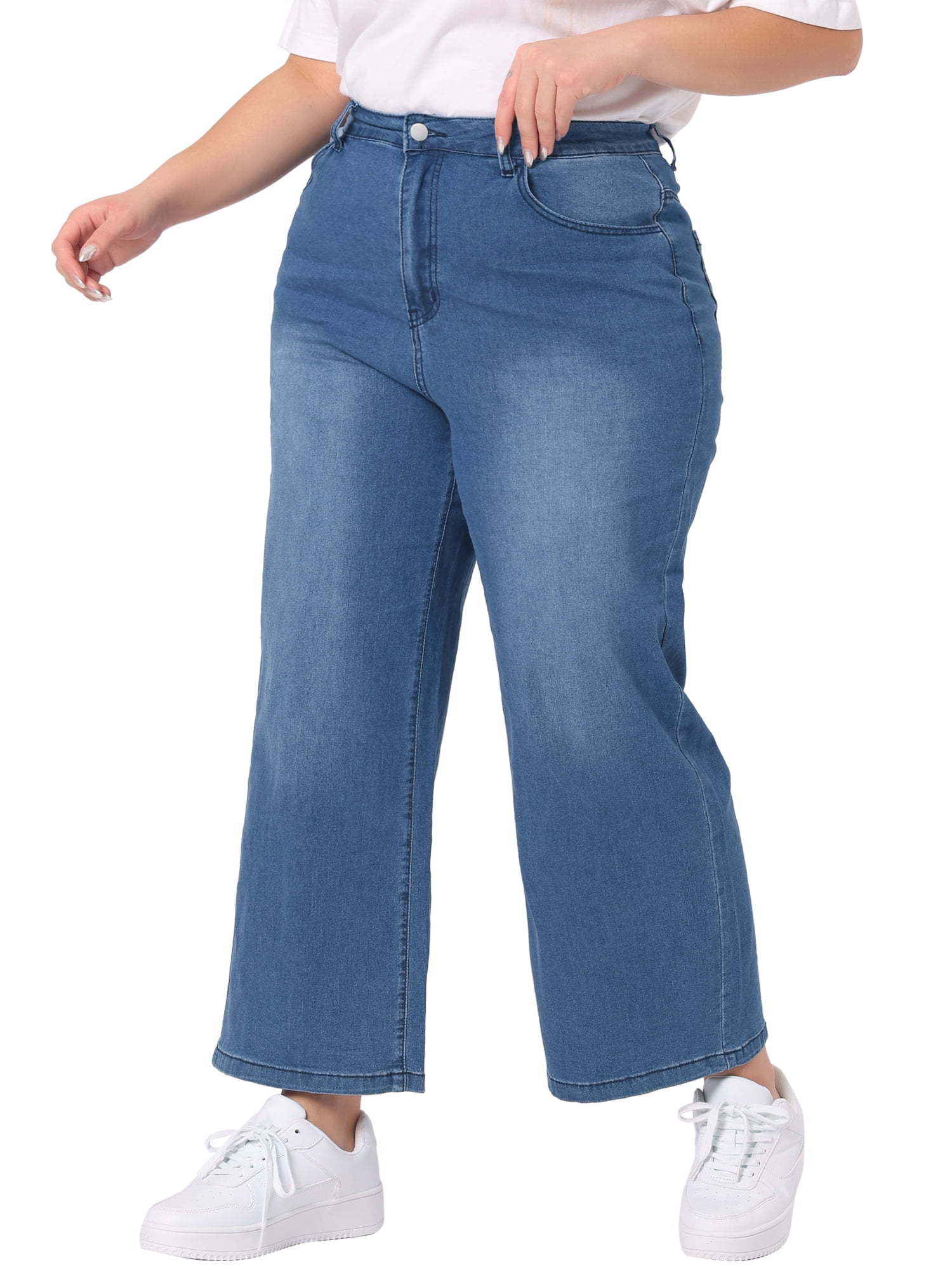 DARING DIVA Women's Plus Stretchy Washed Button Wide Leg Jeans Palazzo Pants 3X Blue