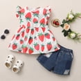 thumbnail image 3 of KIMI BEAR Shorts Outfits For Toddler Baby Girls 4T Girls Spring Summer Clothes Sweet Strawberry Print Fly Sleeve Top Ripped Denim Shorts 2PCs Set 4-5T, Red, 3 of 9