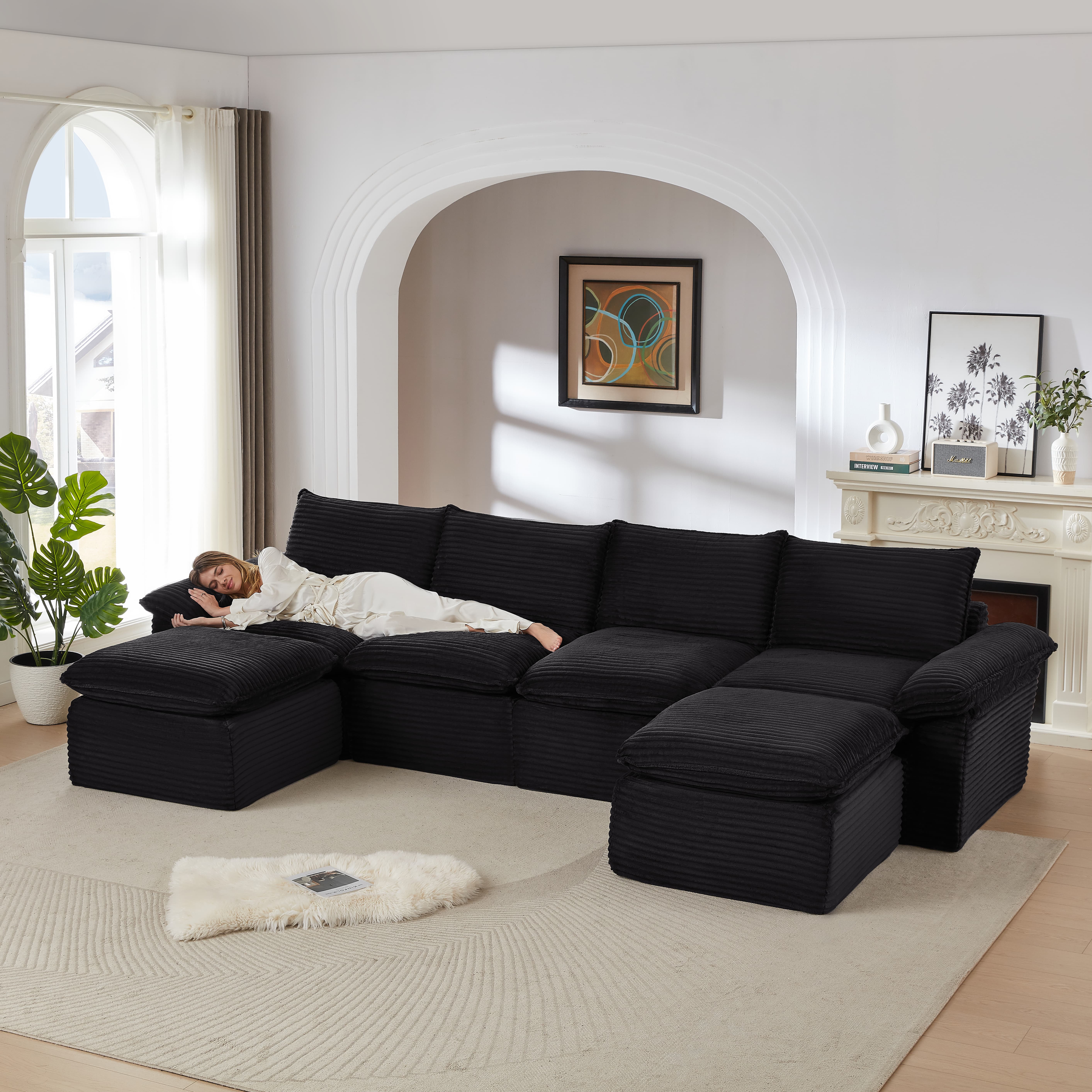 MAYEERTY Modern Modular Corduroy Sofa, Black Cloud-Soft Sectional Couch for Apartment