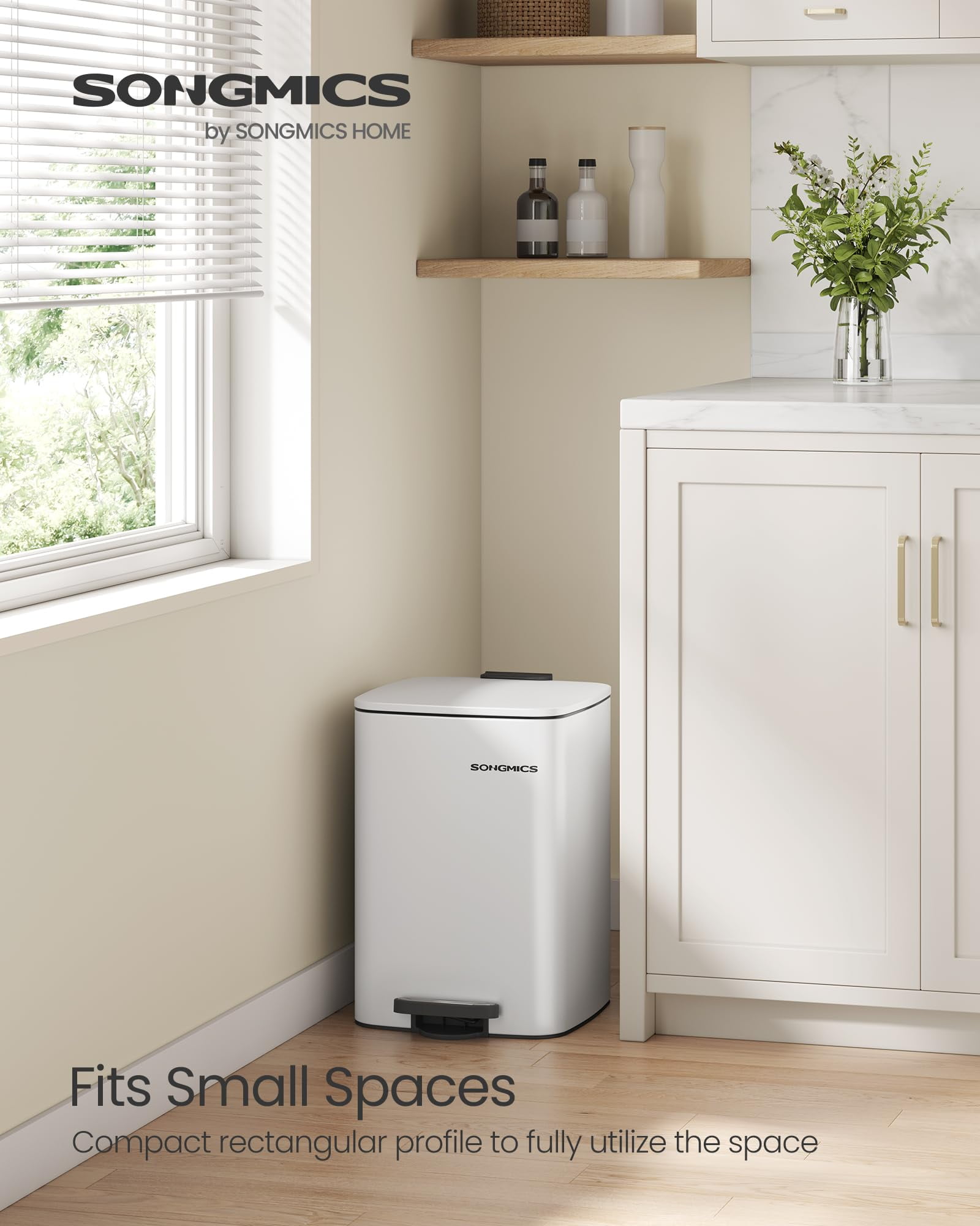 Kitchen Trash Can, 5.2-Gallon (20 L) Trash Bin, Stainless Steel Garbage Can, with Inner Bucket, Soft Close and Stays Open, Cloud White
