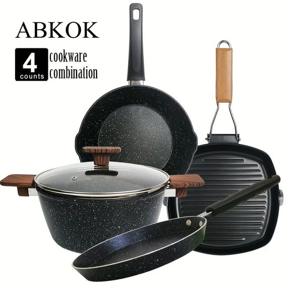 4pcs Set of Non-Stick Cookware, Black Induction Cookware with Cool Handles for Stovetop and Open Fire Use - Includes Pots, Pans, and a Pancake Pot