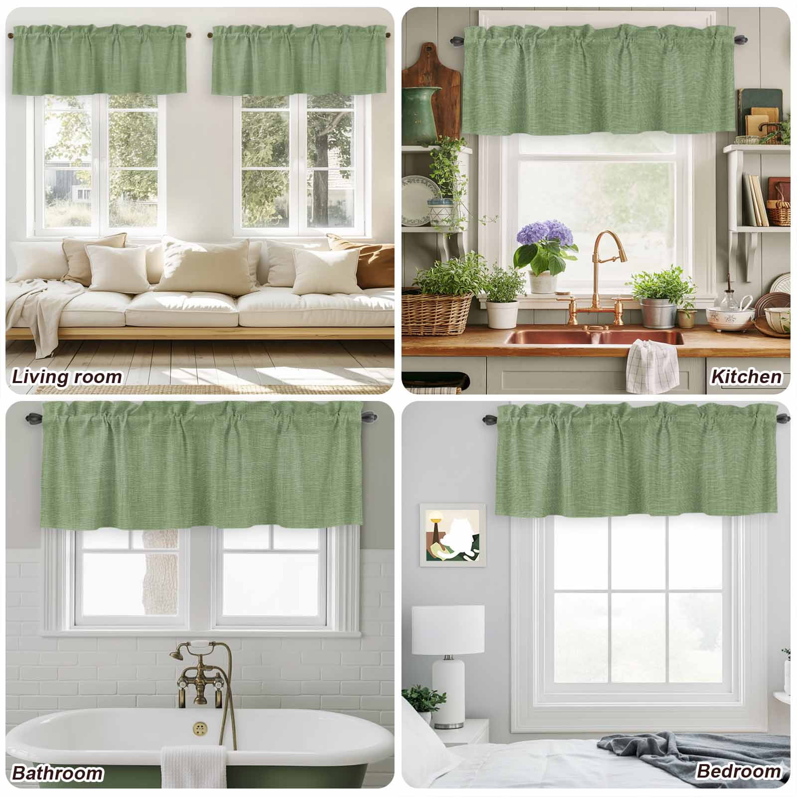 2 Pack Vintage Forest Green Valances for Windows Bedroom Living Room Window Treatments, Farmhouse Retro Solid Color Linen Texture Rod Pocket Valance Drapes Short Kitchen Curtains Over Sink 60"x18"