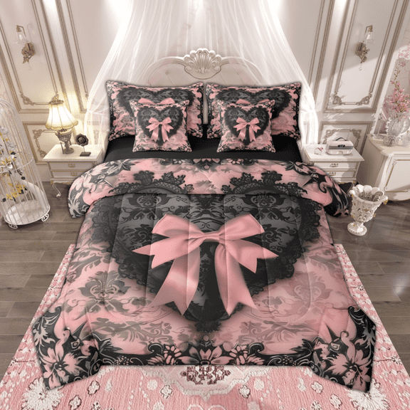 Manfei Princess Pink Bow Twin Bedding Sets 7pcs, Chic Lattice Ribbon Bedding Comforter Set, Vintage Black Blossom Sheet Sets, Microfiber Bedroom Decor