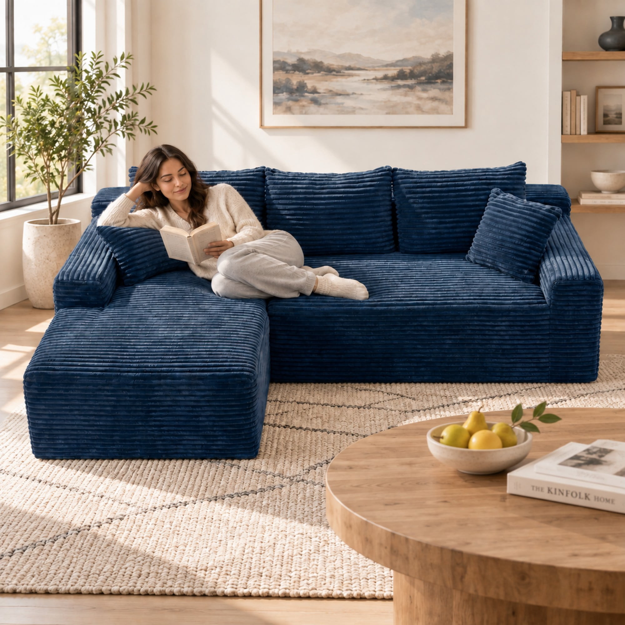 DEALTOPS 106" Corduroy L-Shape Sectional Sofa, Modular Floor Cloud Couch with Left Chaise, Blue
