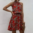 thumbnail image 2 of Wycnly Dresses for Women Beach Boho Elastic Waist off Shoulder Ruffle Swing Mini Dresses Halter Sleeveless Floral Print Summer Short Formal Dress Red m, 2 of 5