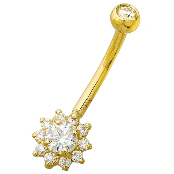 14K Yellow Gold Flower Belly Button Ring with 0.45 cttw VVSI Moissanite Gemstones, 14G Banana Barbell, 9/16" 14mm Barbell Navel Piercing Jewelry 14KBR009YG