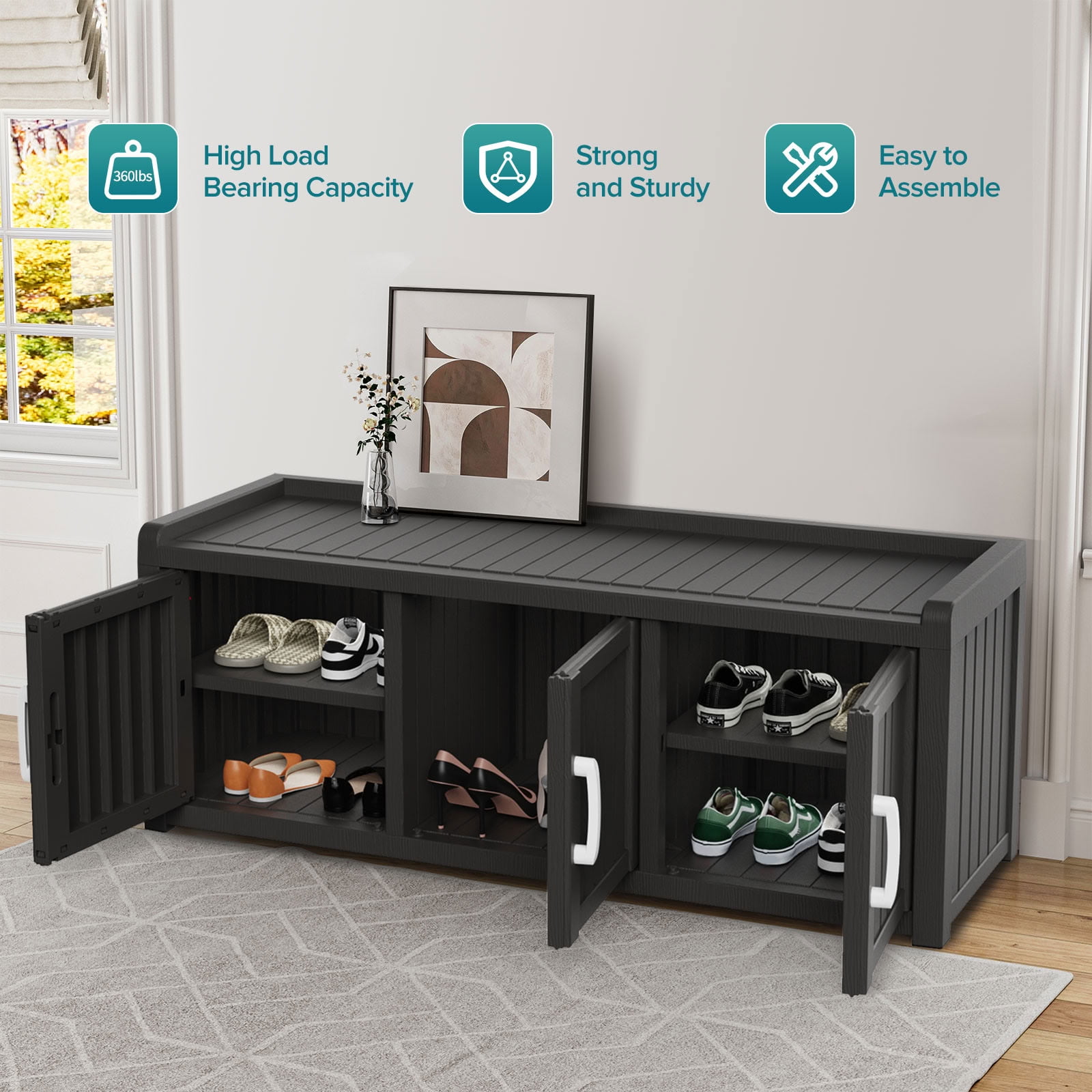 MAYEERTY Three-Door Entry Shoe Storage Cabinet, Weatherproof Shoe Organizer with Removable Layers