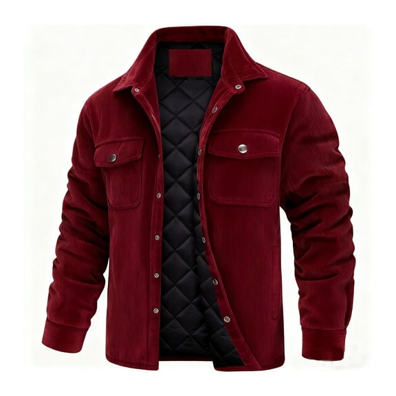 S-5X Plus Size Quilted Corduroy-Jackets for Men Big & Tall Winter Coats with Pockets Long Sleeve Button-Down Collared Thermal Warm Work Jacket