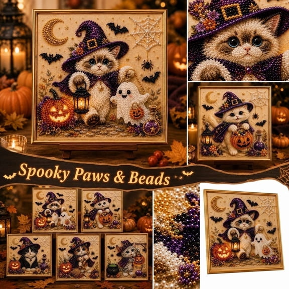 DIY Halloween Pearl Art Kit with Cute Cat and Pumpkin Design Handmade Craft Set for Home Wall Decor Festive Creative Activity for Adults and Hobbyists
