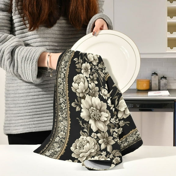 BZSMCE Kitchen Towels Creative White and Black Flower Pattern Pattern Durable Kitchen Towel