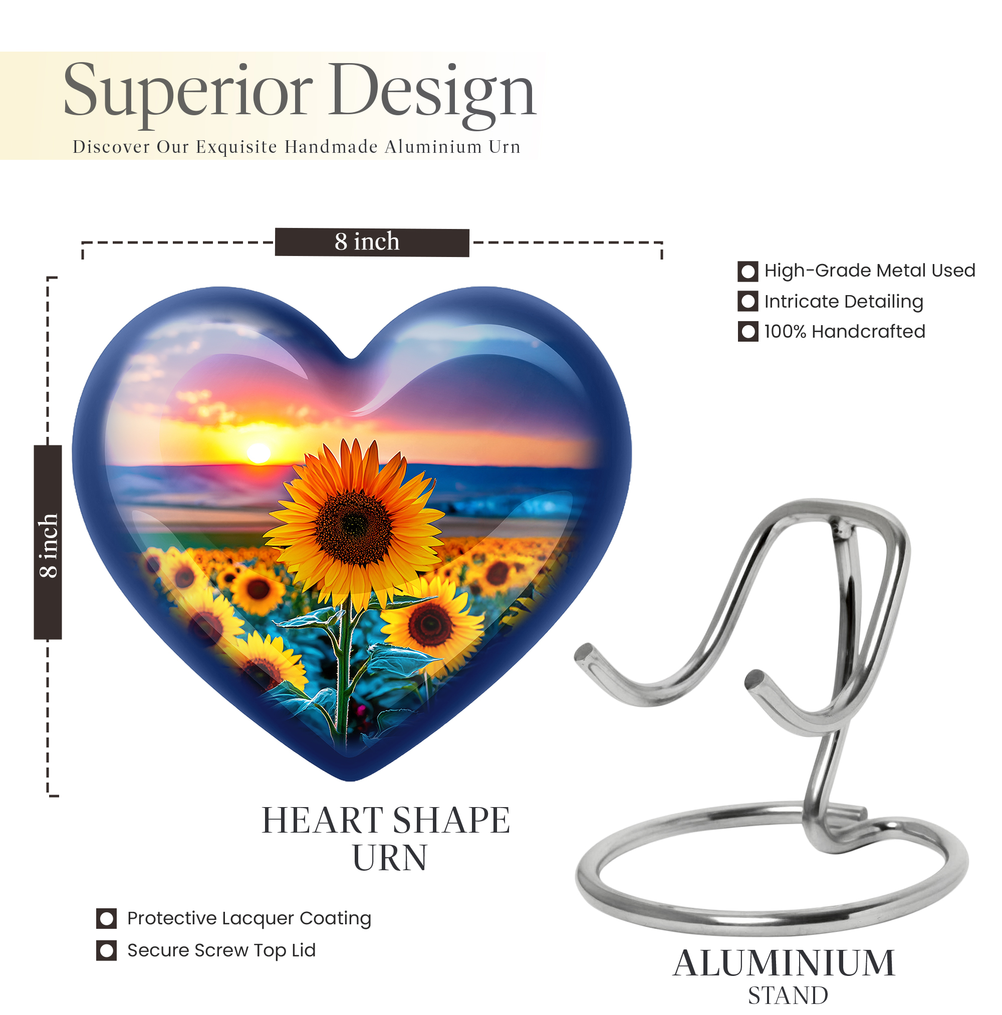 SABURIAL Sunflower Urn - Cremation Keepsake Urn For Human Ashes Adult - Combo Of 8 Inch & 3 Inch - Small Burial Urns For Women